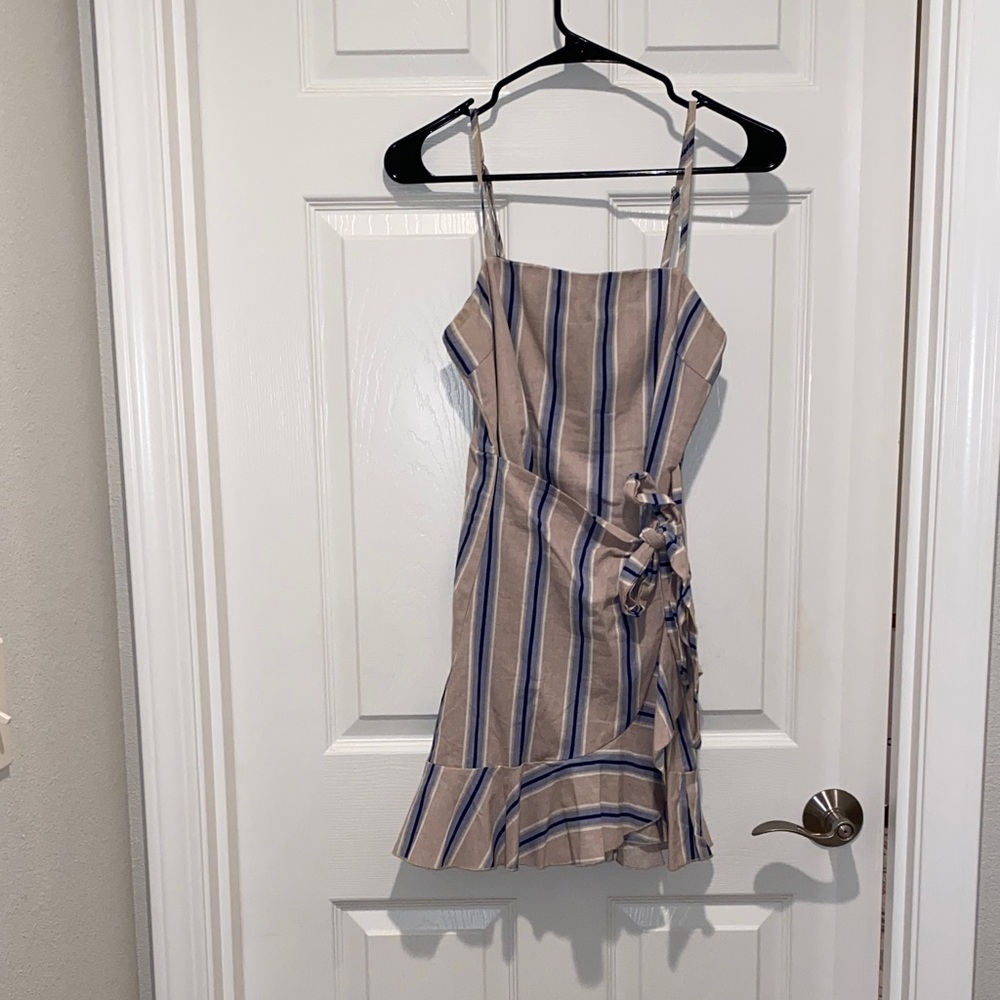 Elegant Beige and Blue Striped Mini Dress